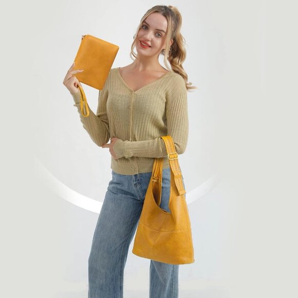 Women Yellow Imported Vegan Leather Ultra Soft Foldable Shoulder Slouchy Bag - Picture 7 of 7
